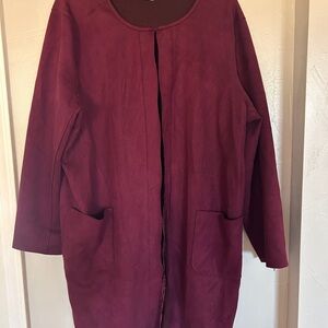 T Tahari Burgundy Faux Suede Longline Coat